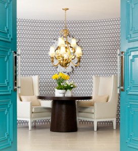 Teal doors and modern wallpaper by Lisa McDennon